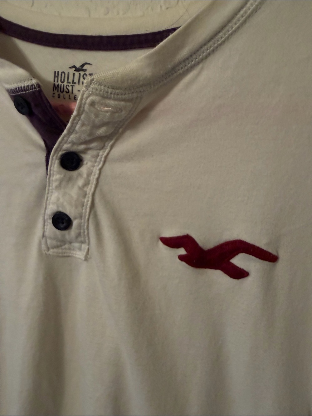 Hollister Men’s Cream Henley with Red Seagull Logo